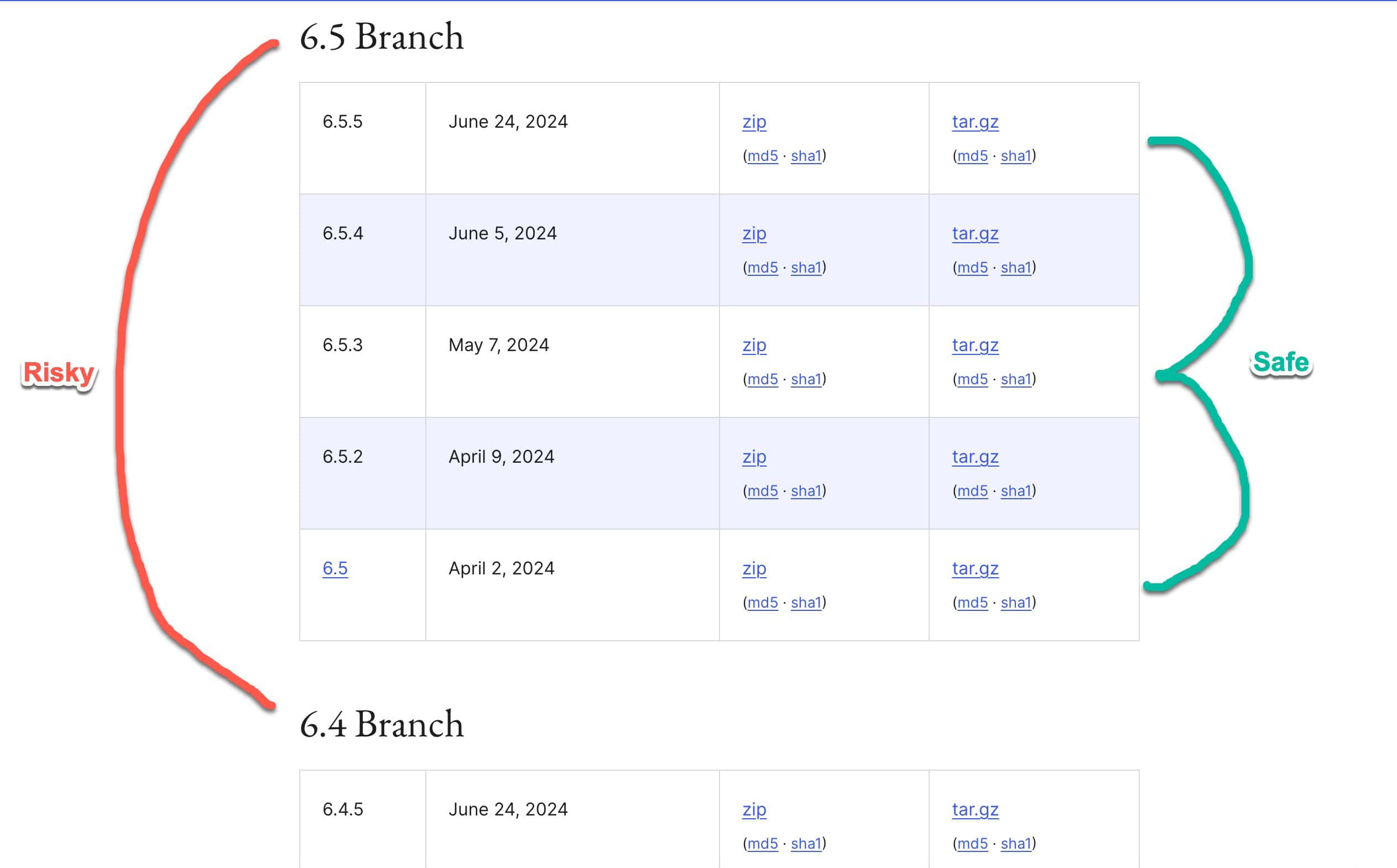 Shows safe minor versions versus risky major versions for 6.4 to 6.5 branch of WordPress.